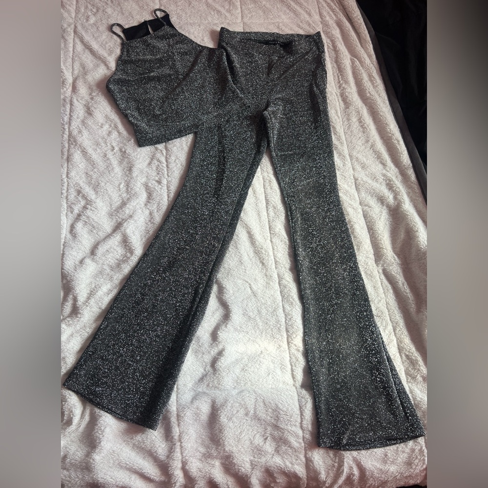 Black Glitter Women's Flare Pants and Crop Top Set